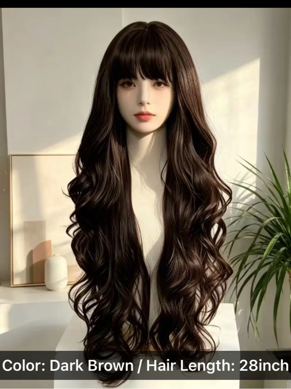 Dark Brown Long Wavy Women's Wig with Bangs